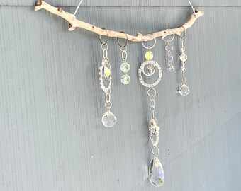 Elegant Driftwood & Crystal Suncatcher , Unique Drift Wood Art , One of a Kind Decor 24”