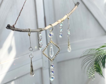 Crystal & Driftwood Suncatcher , Unique Home Decor , Handmade Art 15.5”