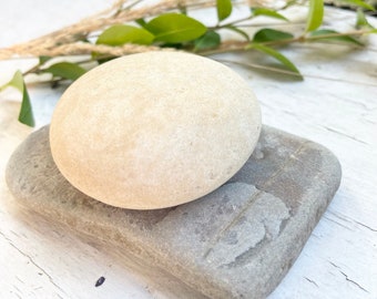 Large Smooth Palm Stone 3”  With Natural Stone Base - Nature Therapy , Natural Rock Sculpture , Paperweight