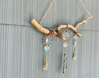 Handmade Driftwood & Crystal Suncatcher , Unique Drift Wood Art , Boho Decor