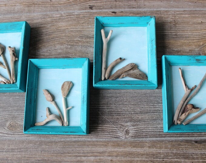 Framed Hand Painted Driftwood Art Collection of 4 , Coastal Decorating