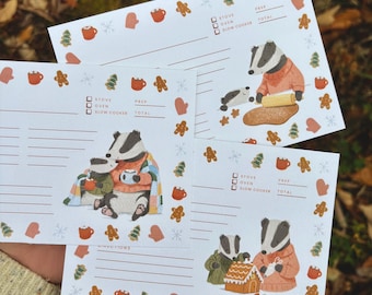 Cartes-recettes illustrées de blaireau des Fêtes : cadeau de pâtisserie, lot de 12