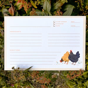 Peut inclure: Carte de recette avec un fond bleu clair et une bordure cr&egrave;me. La carte comporte des lignes pour les ingr&eacute;dients et les instructions, avec des cases &agrave; cocher pour les m&eacute;thodes de cuisson. Trois poulets sont illustr&eacute;s en bas.