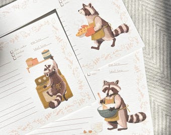Cartes-recettes illustrées de raton laveur : cadeau de pâtisserie, lot de 12