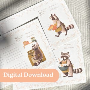 Cartes de recettes de raton laveur - téléchargement numérique - art animalier illustré à la main