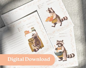 Cartes de recettes de raton laveur - téléchargement numérique - art animalier illustré à la main