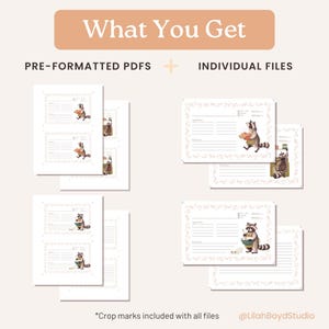 May include: Printable recipe cards featuring a raccoon illustration holding a bowl of ingredients. The cards have a white background with a floral border and lines for writing down recipes. The text "What You Get" is at the top of the image, with "PRE-FORMATTED PDFS" and "INDIVIDUAL FILES" below it. The text "*Crop marks included with all files @LilahBoydStudio" is at the bottom of the image.