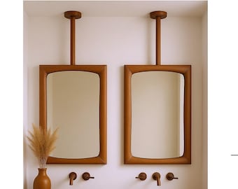 Ceiling-hung solid walnut wood bathroom mirror, ceiling-hung unique bathroom mirror, decorative hanging makeup mirror,mirror for double sink