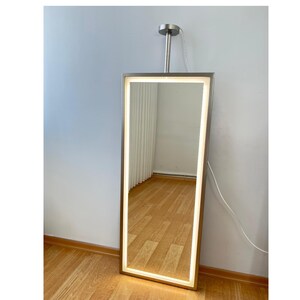 Pode incluir: Um espelho retangular de corpo inteiro com moldura de metal escovado e iluminação LED integrada. O espelho é suspenso do teto por uma haste e um cabo de metal. A moldura tem um tom quente e neutro, e a luz é branca suave.