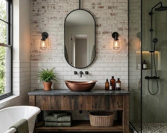 Ceiling Mounted Black Metal Framed Oval Bathroom Mirror, Suspended Vanity Mirror, Hanging Capsule Sink Mirror