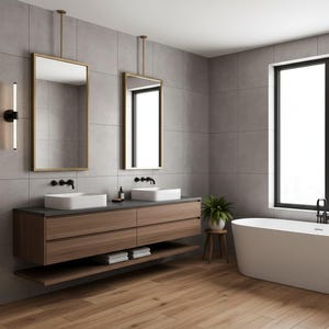 May include: A bathroom vanity with a dark countertop, two white rectangular vessel sinks, and two wooden drawers. Above are two rectangular mirrors with gold frames suspended from the ceiling, flanked by a vertical wall-mounted light fixture.