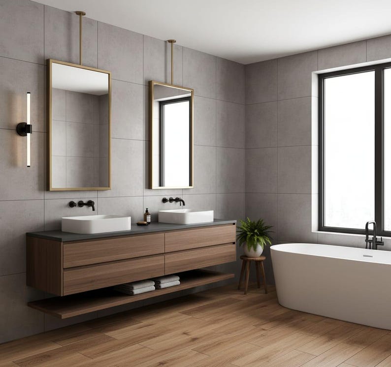 May include: A bathroom vanity with a dark countertop, two white rectangular vessel sinks, and two wooden drawers. Above are two rectangular mirrors with gold frames suspended from the ceiling, flanked by a vertical wall-mounted light fixture.