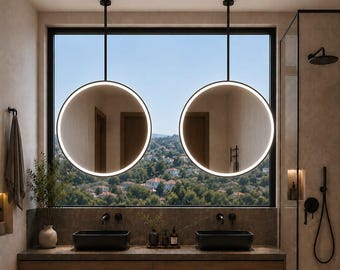 Contemporary Suspended Round LED Mirror, Hanging Illuminated Vanity Mirror, Hanging Metal Framed Customizable Mirror, Hung LED Sink Mirror