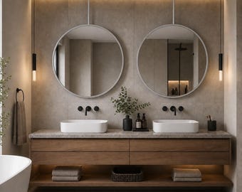 Ceiling Mounted Round Mirror, Contemporary Metal Framed Mirror, Modern Hanging Mirror, Hung Sink Mirror