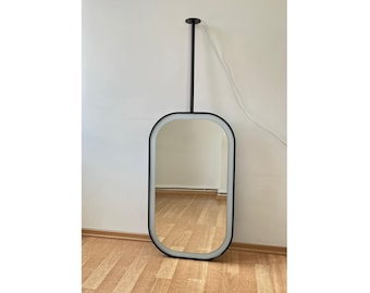 Lustro łazienkowe LED montowane na suficie: wisząca metalowa rama, nowoczesne podświetlane lustro do makijażu