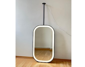 Ręcznie robione owalne lustro sufitowe z podświetleniem LED, wiszące lustro łazienkowe z oświetleniem LED, lustro wiszące z oświetleniem LED w metalowej ramie, lustro toaletkowe z oświetleniem LED, lustro z oświetleniem LED nad umywalką