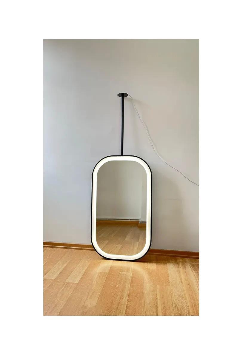 Ceiling Mounted Modern Rectangular Mirror, Hanging Metal Framed Mirror, Handmade Suspended Vanity Mirror, Antique Brass, Hung Sink Mirror image 12
