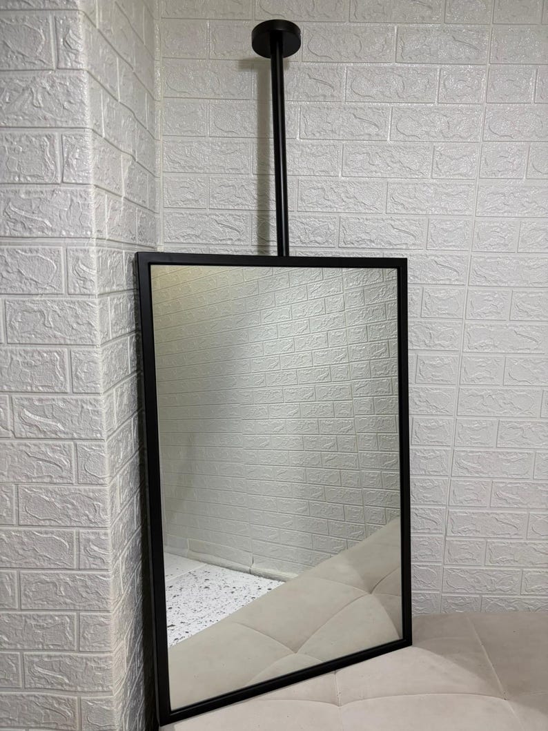 Ceiling Mounted Rectangular Bathroom Mirror, Hanging Vanity Mirror, Suspended Sink Mirror, Metal Framed, Customizable image 2