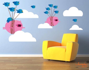 Cute Flying Pigs Bullying Birds Wall Decals