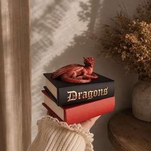 Puede incluir: Una pila de dos libros pequeños con una figura de dragón rojo encima. El libro superior es negro con la palabra Dragons impresa en letras doradas. El libro inferior es rojo. Ambos libros tienen páginas de color crema visibles en los bordes.