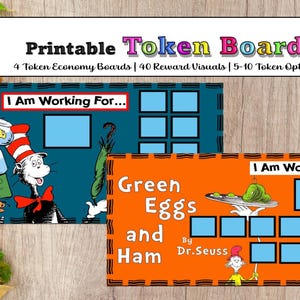 May include: Printable token boards with Dr. Seuss illustrations. The boards feature the text "I Am Working For..." and include images of the Cat in the Hat and Green Eggs and Ham. The boards are designed for token economy systems.