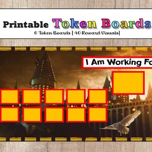 Könnte beinhalten: Druckbare Token-Tafel mit dem Text "Printable Token Boards" und "6 Token Boards | 40 Reward Visuals". Die Tafel zeigt eine Schlossillustration und den Text "I Am Working For..." mit mehreren gelben Quadraten.