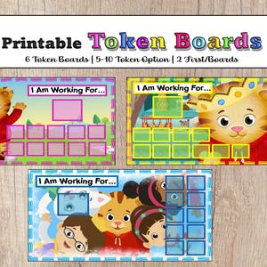 Puede incluir: Tableros de fichas imprimibles con Daniel Tigre y sus amigos. Cada tablero tiene un espacio para una recompensa y varios cuadrados para fichas. El texto "I Am Working For..." se muestra en cada tablero. Los tableros están diseñados para niños.
