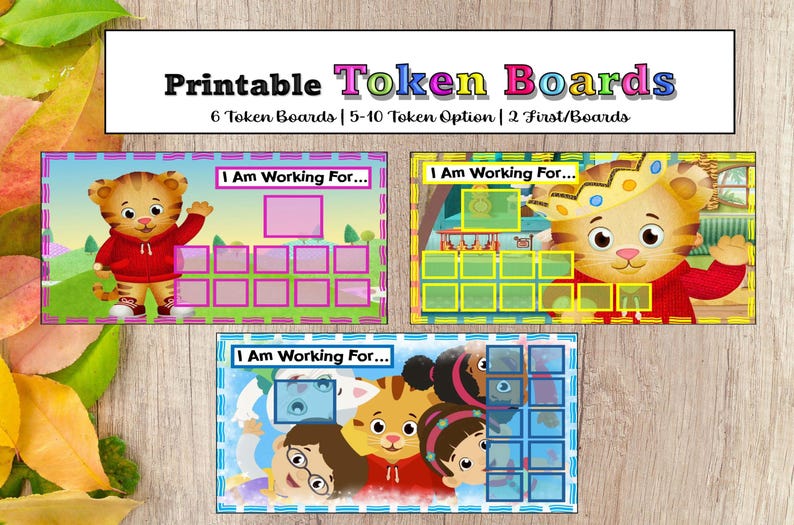 May include: Printable token boards featuring Daniel Tiger and friends. Each board has a space for a reward and multiple squares for tokens. The text "I Am Working For..." is displayed on each board. The boards are designed for children.