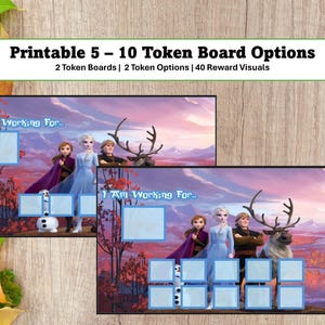 Könnte beinhalten: Zwei druckbare Token-Boards mit Charakteren aus einem beliebten Animationsfilm. Jedes Board hat Felder für Token und den Text "I Am Working For...". Die Boards sind vor einem landschaftlichen Hintergrund mit dem Text "Printable 5 - 10 Token Board Options" platziert.