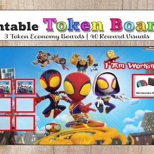 Op de afbeelding: Printbare tokenborden met een blauwe achtergrond met cartoon superhelden. De borden bevatten ruimtes voor tokens en beloningsvisuals. De tekst luidt "I Am Working For..." en "Nintendo Switch."