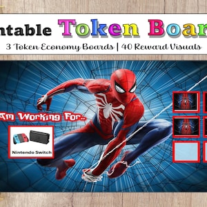 May include: Printable token boards featuring Spider-Man, with the text "I Am Working For..." and a Nintendo Switch image. The design includes 3 token economy boards and 40 reward visuals, all set against a blue web background.