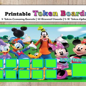 May include: Printable token board featuring Mickey Mouse, Minnie Mouse, Donald Duck, Daisy Duck, Goofy, and Pluto. The board has green squares for tokens and text that reads "I Am Working For..." and "Printable Token Boards".
