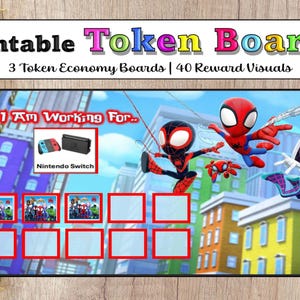May include: Printable Token Boards with the text "1 Am Working For..." and "Nintendo Switch". The image features cartoon Spider-Man characters and a Nintendo Switch console. The boards are designed for a token economy system.