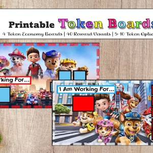 May include: Printable token boards featuring characters from a popular animated series. The boards have colorful borders and include the text "I Am Working For..." and spaces for tokens. The top banner reads "Printable Token Boards".