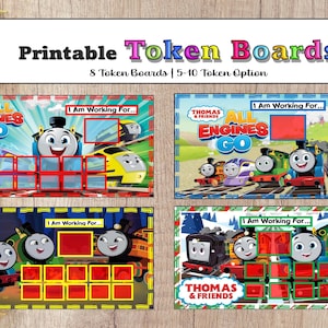 May include: Printable token boards featuring Thomas the Tank Engine and friends. The boards have spaces for tokens and the text "I Am Working For..." The top text reads "Printable Token Boards" and "8 Token Boards | 5-10 Token Option."