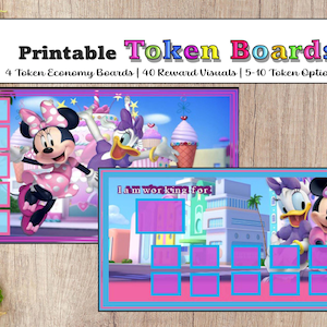 May include: Printable token boards featuring Minnie Mouse and Daisy Duck. The boards have a pink and blue border with spaces for tokens. Text on the image reads "Printable Token Boards" and "I am working for". Includes 4 token economy boards and 40 reward visuals.
