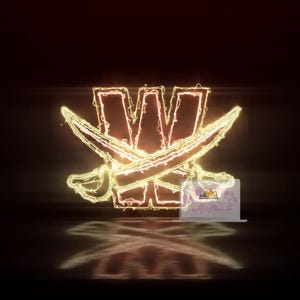 Può includere: Un logo a tema pirata giallo e arancione brillante con una 'W' stilizzata e sciabole incrociate. Il logo è su uno sfondo scuro con un laptop che mostra un design colorato.