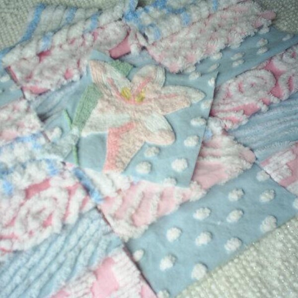 Vintage Chenille Bedspread Quilting Squares 20-6 inch-Pinks and Blues-Sweet