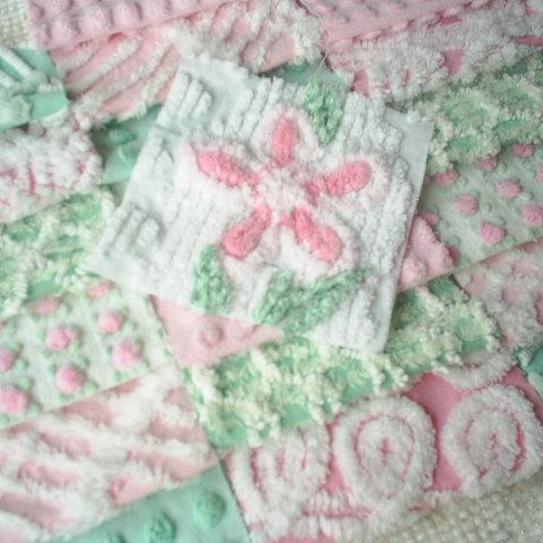 Vintage Chenille Bedspread Squares-Pink and Green Rosebud Set- SWEET