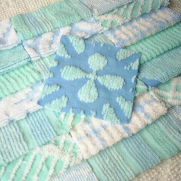 Vintage Aqua and Blue Chenille Bedspread Squares -23-6 inch squares