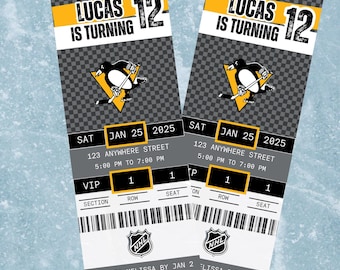May include: A hockey-themed birthday party invitation with a black and yellow ticket design. The ticket says "Lucas is turning 12" and includes the date, time, and location of the party. The ticket also has a VIP section, row, and seat number. The invitation includes the NHL logo and the text "All Access Pass".