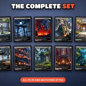 The complete set of 10 retro lands side by side: Blood Crypt, Breeding Pool, Godless Shrine, Hallowed Fountain, Overgrown Tomb, Sacred Foundry, Steam Vents, Stomping Ground, Temple Garden, Watery Grave