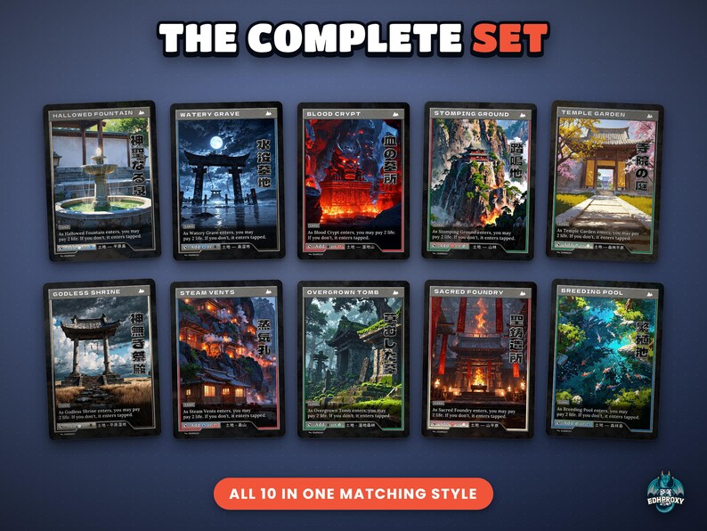 The complete set of 10 retro lands side by side: Blood Crypt, Breeding Pool, Godless Shrine, Hallowed Fountain, Overgrown Tomb, Sacred Foundry, Steam Vents, Stomping Ground, Temple Garden, Watery Grave