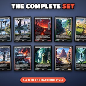 The complete set of 10 retro lands side by side: Arid Mesa, Bloodstained Mire, Flooded Strand, Marsh Flats, Misty Rainforest, Polluted Delta, Scalding Tarn, Verdant Catacombs, Windswept Heath, Wooded Foothills