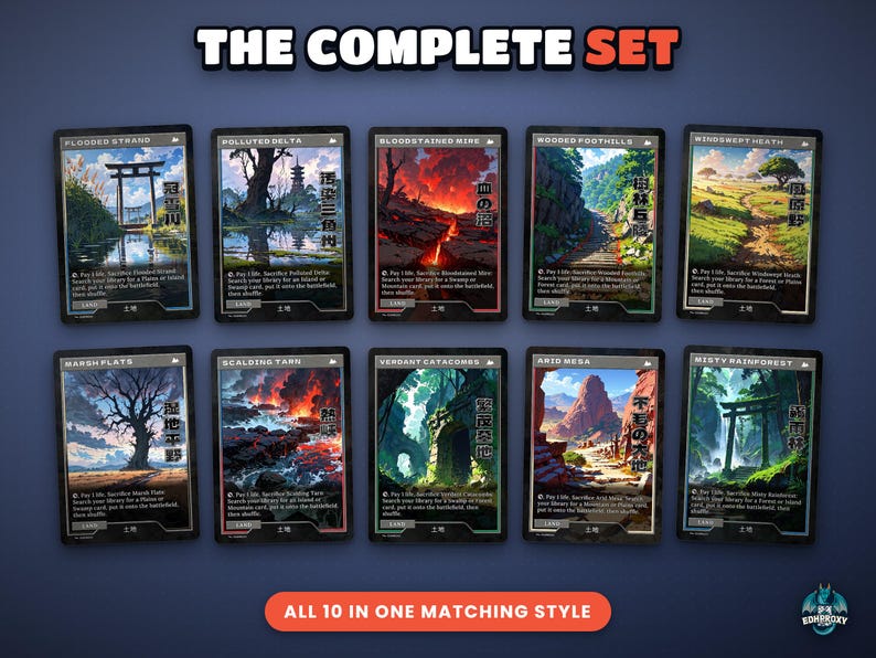The complete set of 10 retro lands side by side: Arid Mesa, Bloodstained Mire, Flooded Strand, Marsh Flats, Misty Rainforest, Polluted Delta, Scalding Tarn, Verdant Catacombs, Windswept Heath, Wooded Foothills