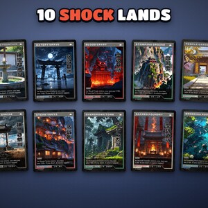 The 10 retro shock lands: Hallowed Fountain, Watery Grave, Blood Crypt, Stomping Ground, Temple Garden, Godless Shrine, Steam Vents, Overgrown Tomb, Sacred Foundry, Breeding Pool
