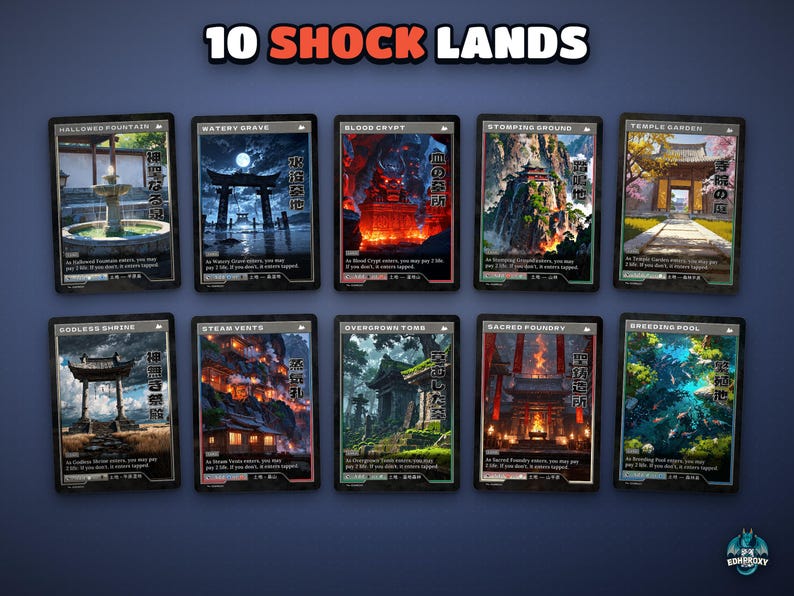 The 10 retro shock lands: Hallowed Fountain, Watery Grave, Blood Crypt, Stomping Ground, Temple Garden, Godless Shrine, Steam Vents, Overgrown Tomb, Sacred Foundry, Breeding Pool