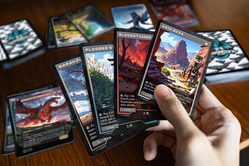 Printed Retro Japanese Fetches cards in hand, showing real card size and finish
