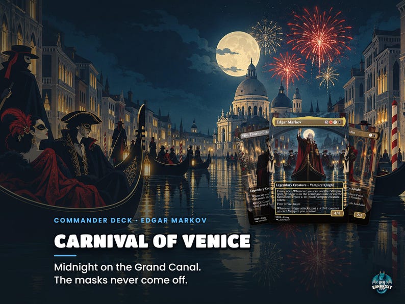 Carnival of Venice: Midnight on the Grand Canal. The masks never come off. Story key art for the Edgar Markov · Carnival of Venice Commander EDH proxy deck