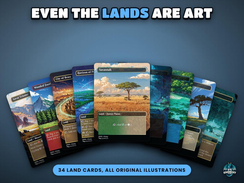 Fan of full-art anime land cards from the The Ur-Dragon Commander EDH proxy deck